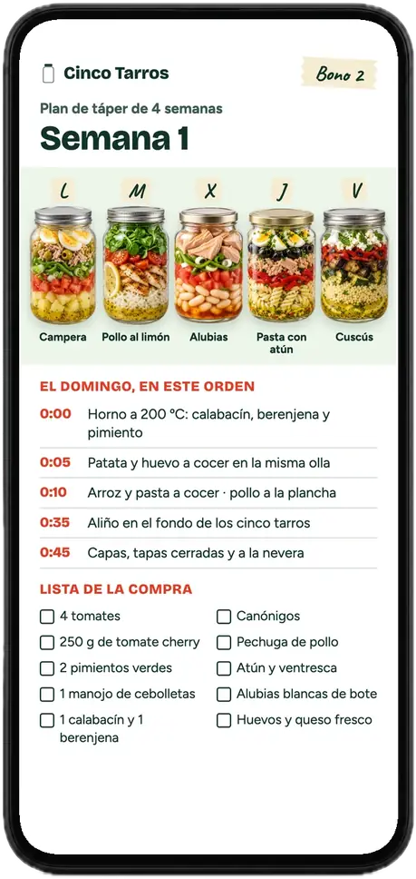 Semana 1 del plan abierta en un móvil: los cinco tarros de lunes a viernes, el orden del domingo y la lista de la compra