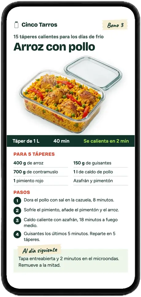 Página del arroz con pollo en táper abierta en un móvil: se calienta en 2 minutos