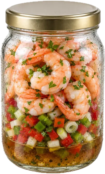 Tarro de salpicón de langostinos con pimiento y cebolleta